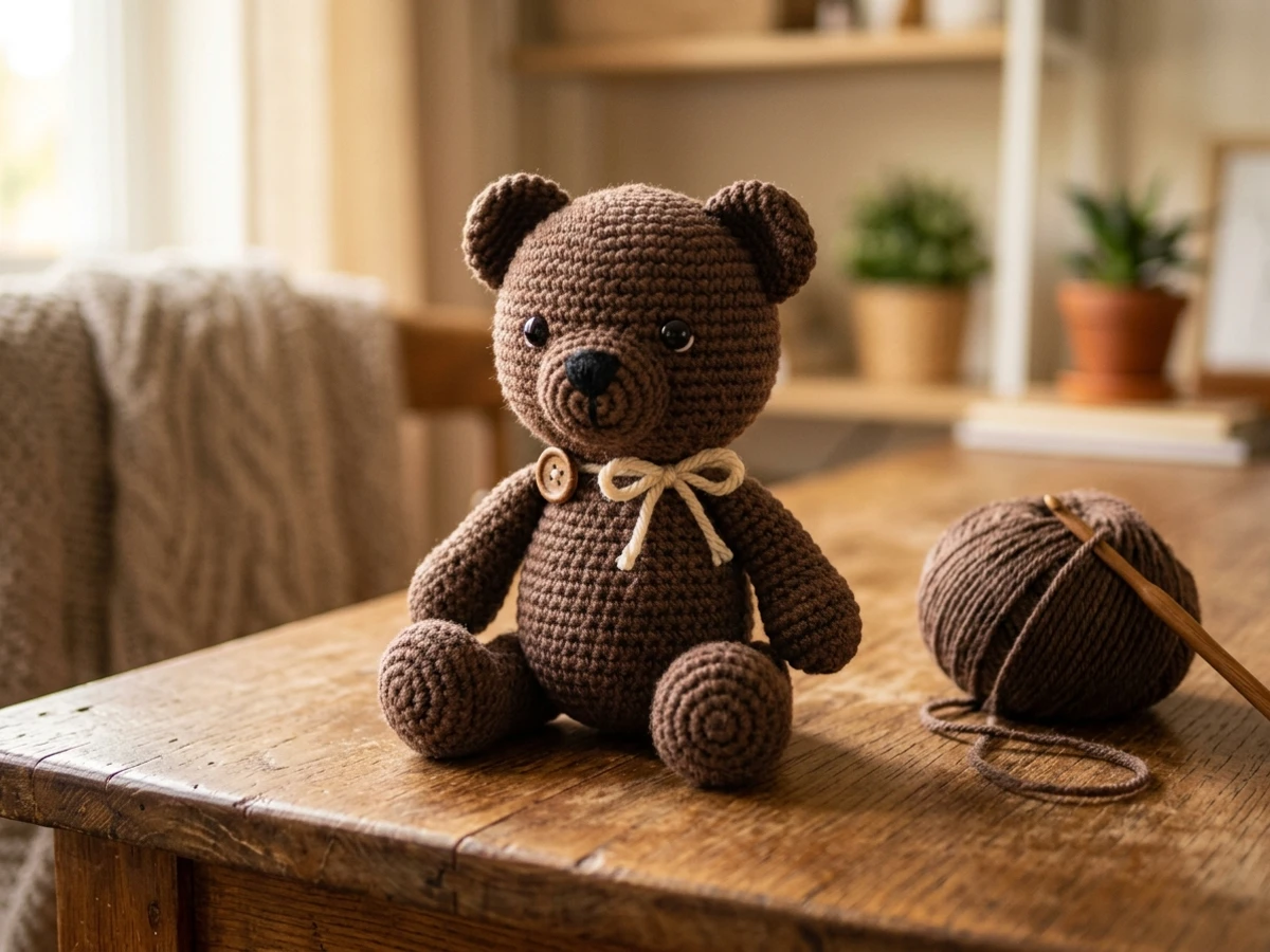 Free crochet animal patterns finished cute handmade cat plushie on wooden desk