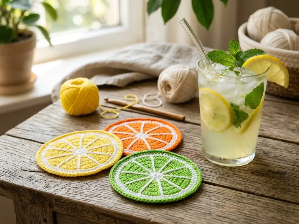 Free Crochet Citrus Coasters Pattern: Easy Lemon, Lime & Orange Drink Slices Tutorial