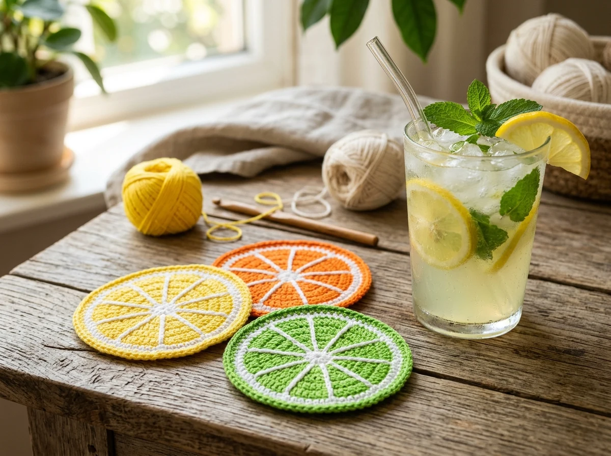 Crochet citrus coasters pattern finished lemon, orange and lime fruit slices on wooden table