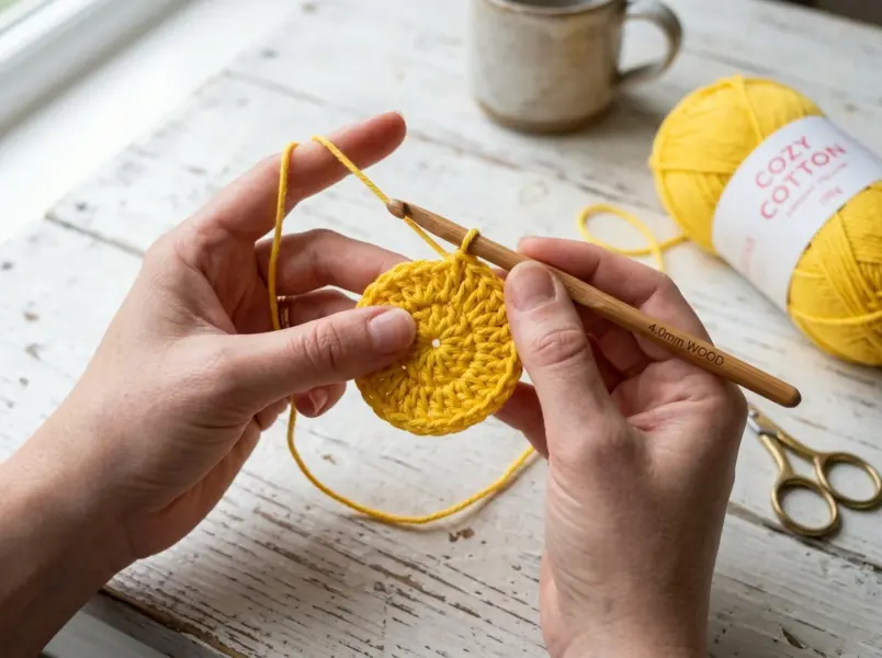 Crochet citrus coasters pattern step 1: crocheting center fruit circle with double crochet stitches