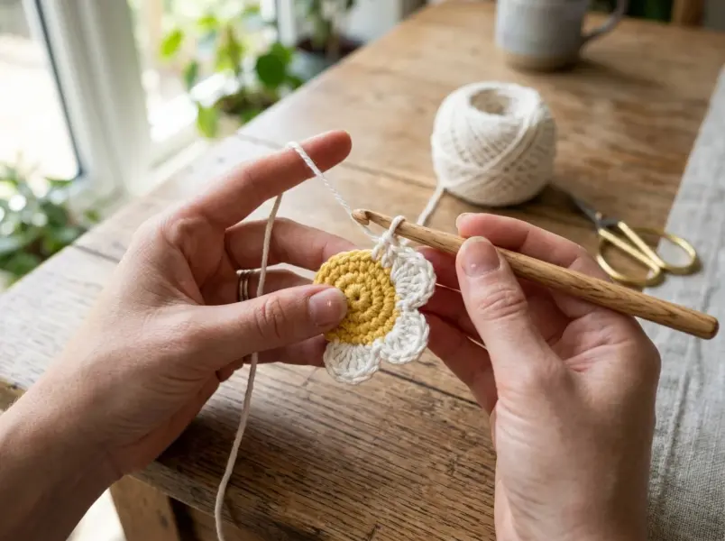 Crochet citrus coasters pattern step 2: stitching white segment spoke lines and inner fruit rind