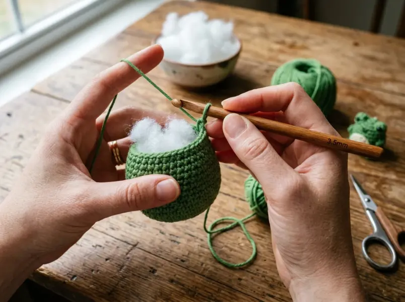 Crochet frog pattern step 1: crocheting seamless green body and stuffing with fiberfill