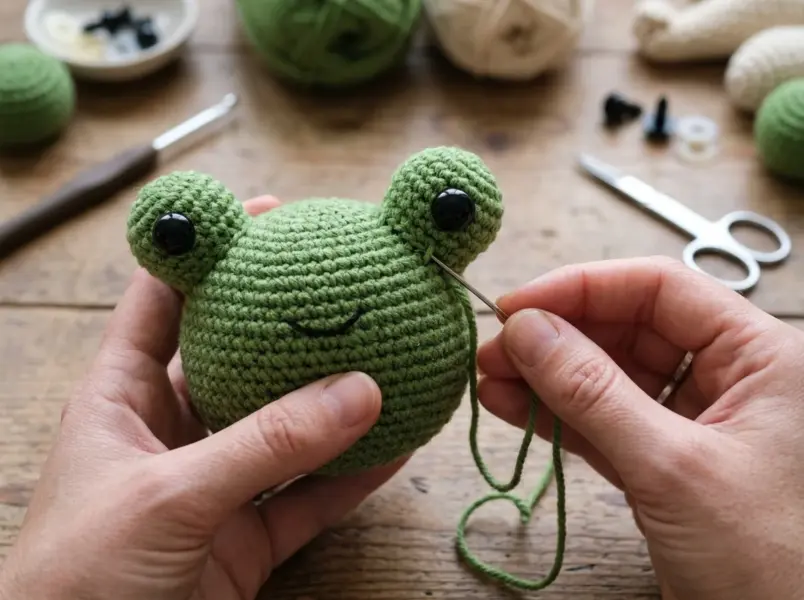 Crochet frog pattern step 2: crocheting eye caps and attaching black safety eyes