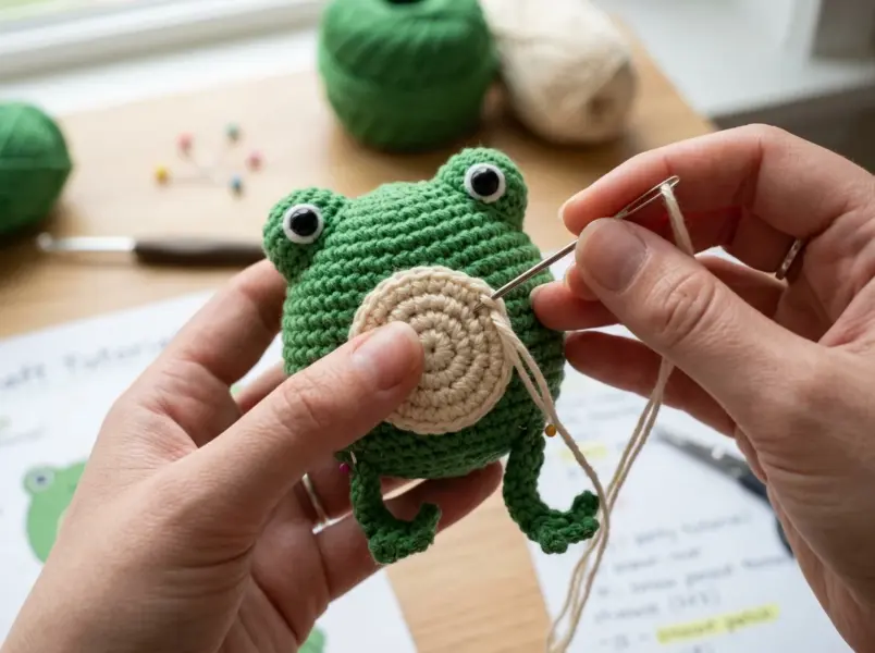 Crochet frog pattern step 3: sewing cream belly patch and tiny green frog legs