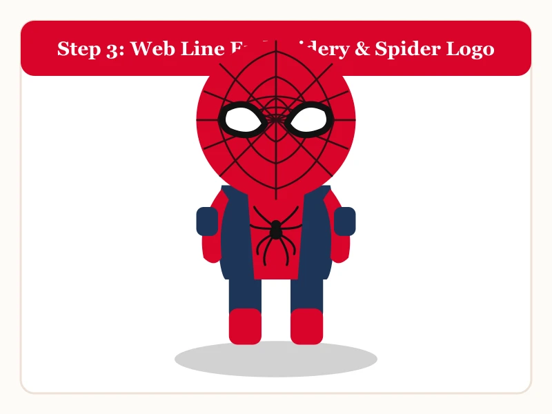 Spiderman crochet pattern step 3: embroidering black spiderweb lines across mask and spider logo