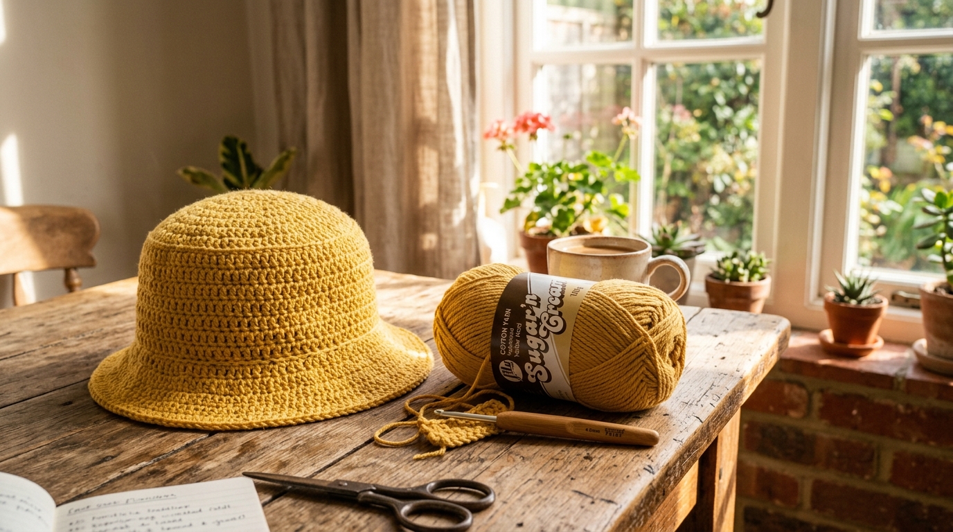 Yellow crochet bucket hat on a wooden table